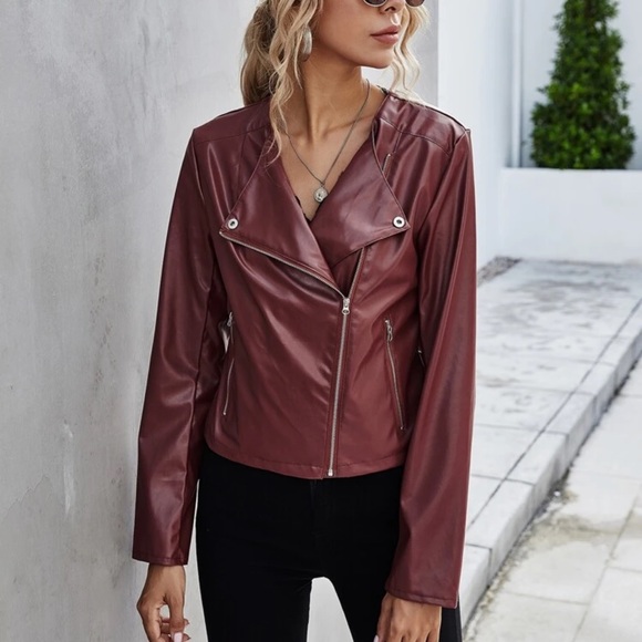 Minimalist vegan leather moto jacket dark brown - Picture 4 of 9